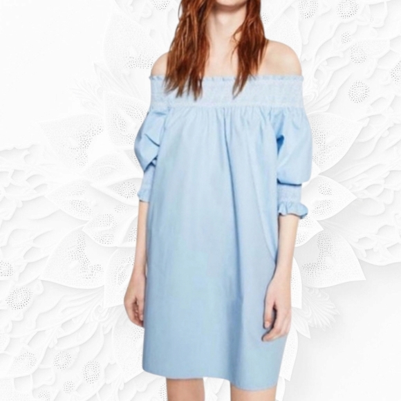 Zara 100% Cotton Off Shoulder Blue Mini Tunic Dress Size XS - Picture 2 of 8